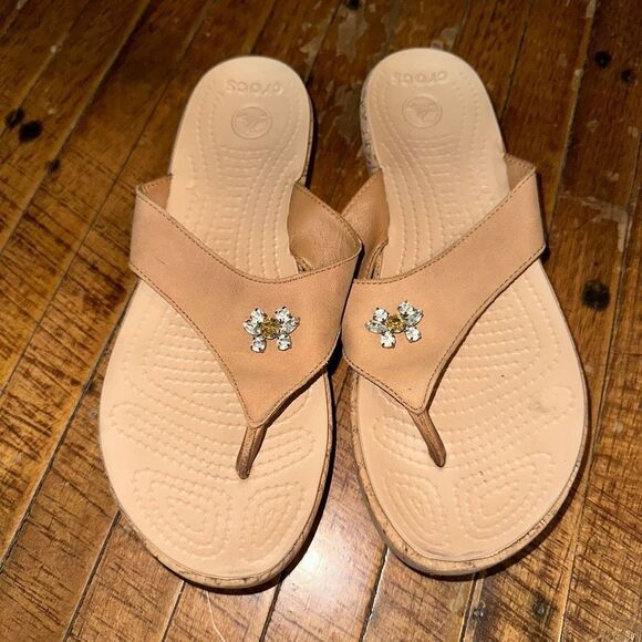 Crocs rubber washable faux cork ortho tan 7 wedge sandals - Picture 1 of 5